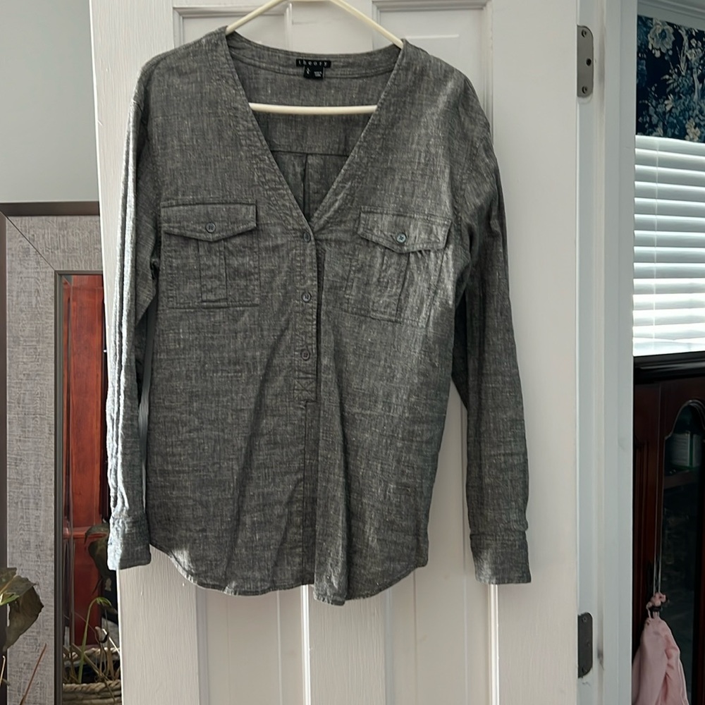 Theory gray/white button up blouse, Large